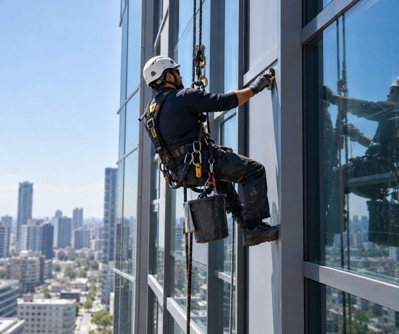 Técnico de mantenimiento trabajando colgado en la fachada de un edificio